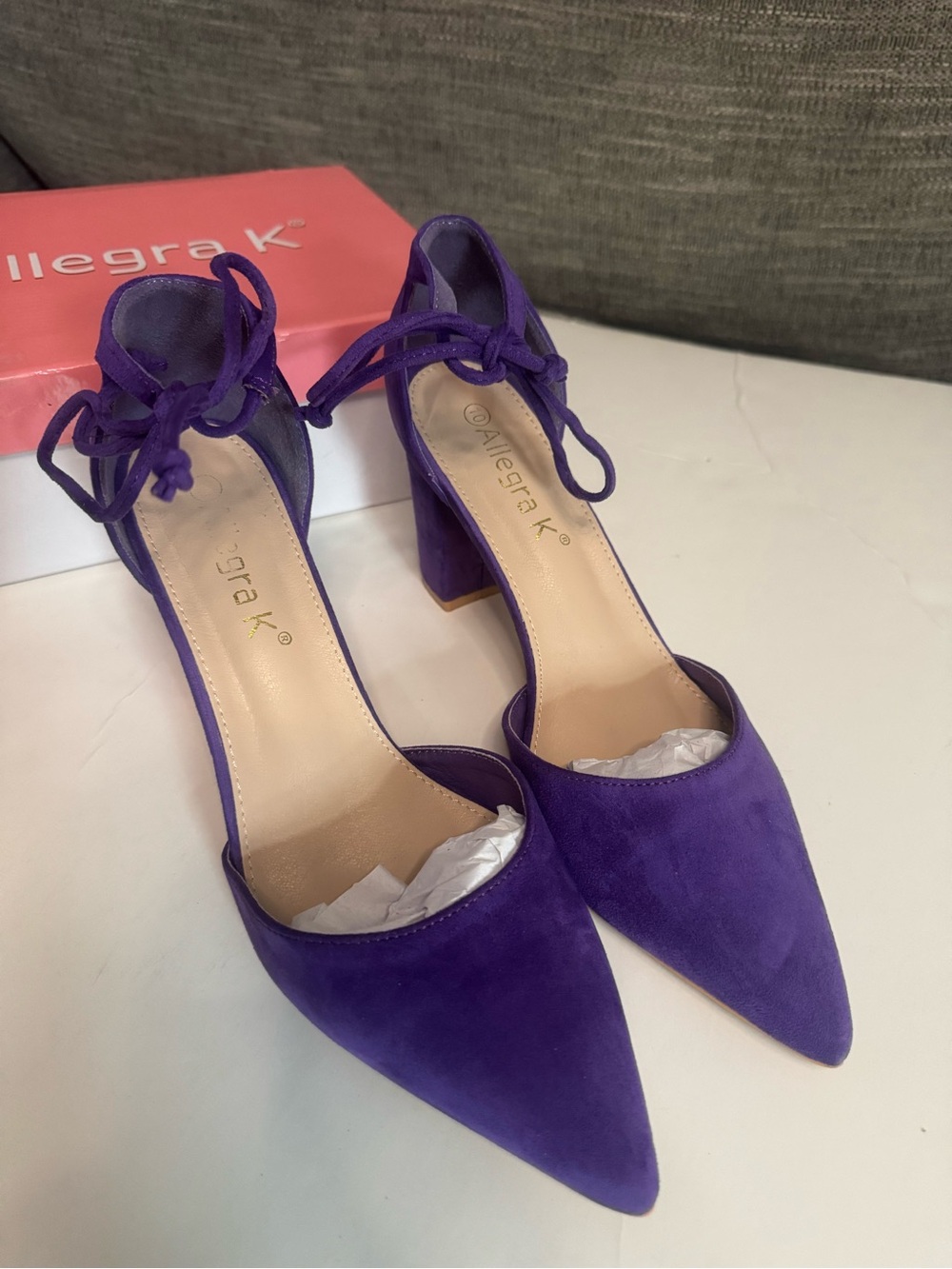 Allegra K Purple Pointed Toe Ankle Tie Block Heels
